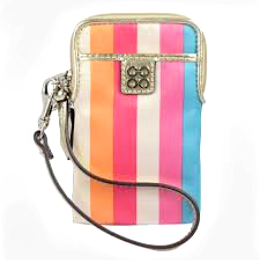 🌈 Coach Y2K Metallic Gold Legacy Striped Universal Phone Card Case Wristlet